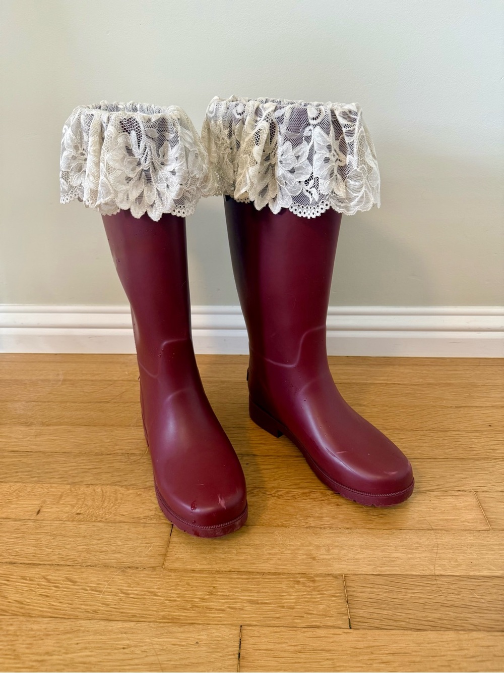 For Love & Lemons Lace-Trim Burgundy Brigitte Rain Boots - size 37 / 7
